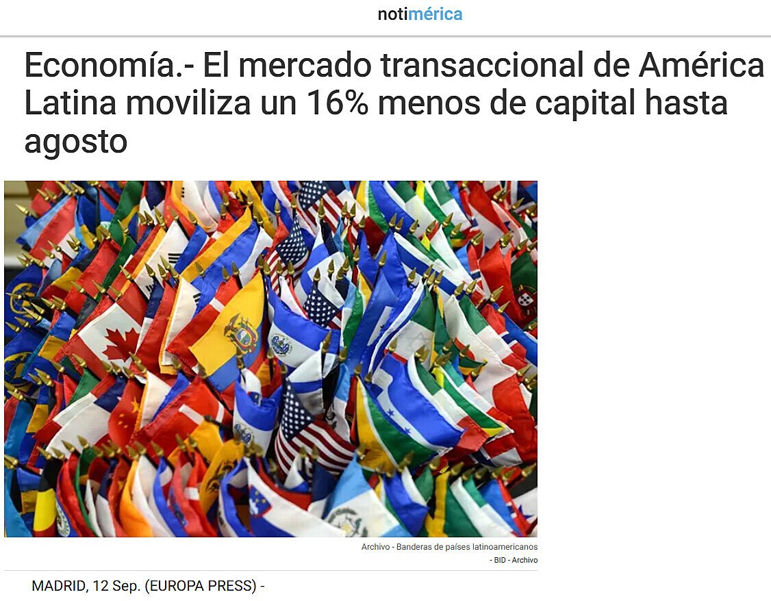 Economa.- El mercado transaccional de Amrica Latina moviliza un 16% menos de capital hasta agosto